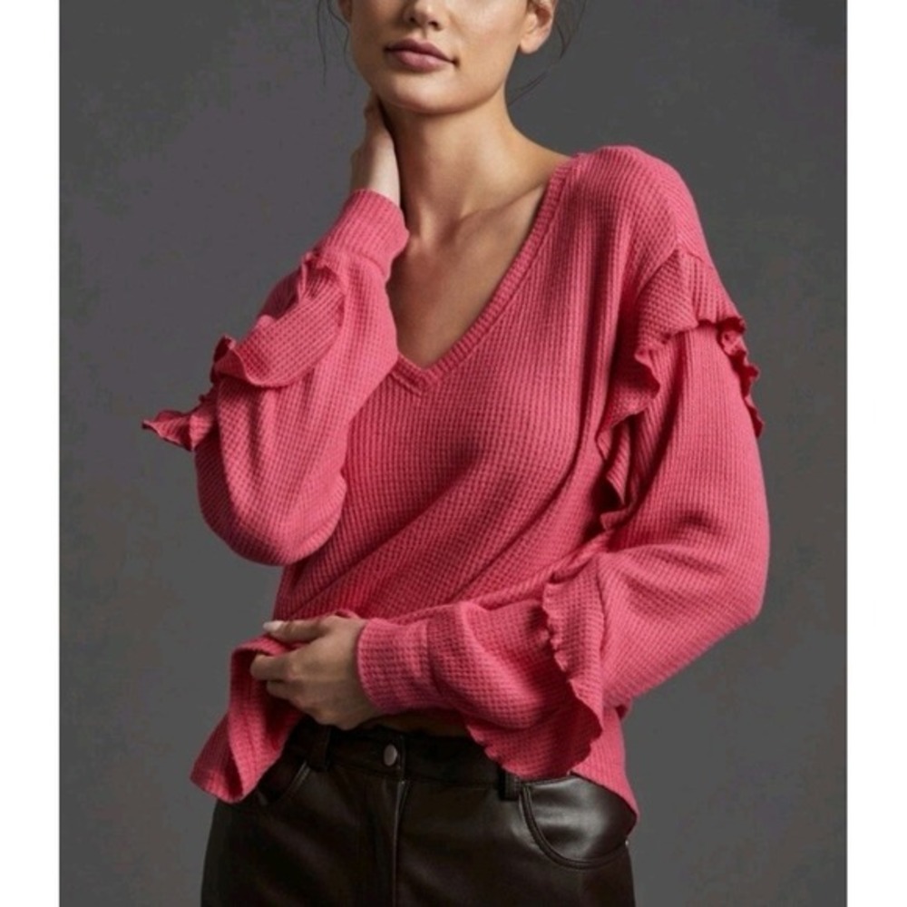 Pilcro Pink Waffle Knit Ruffle Sleeve V-Neck Thermal‎ Top Medium
